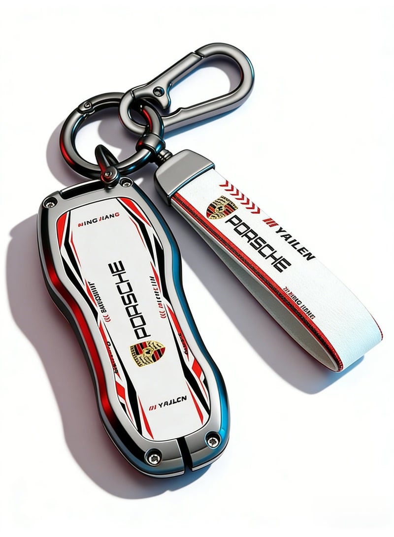 ماك جاباجز Suitable for Porsche Racing Style Metal Key Fob Case with Matching Keychain – White & Red (Please purchase according to your own key style) - Image 3